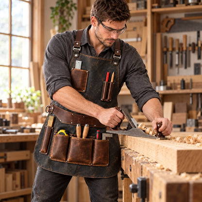Male woodworker wearing a charcoal leather tool apron while using a hand plane at a workbench inside a traditional timber workshop.