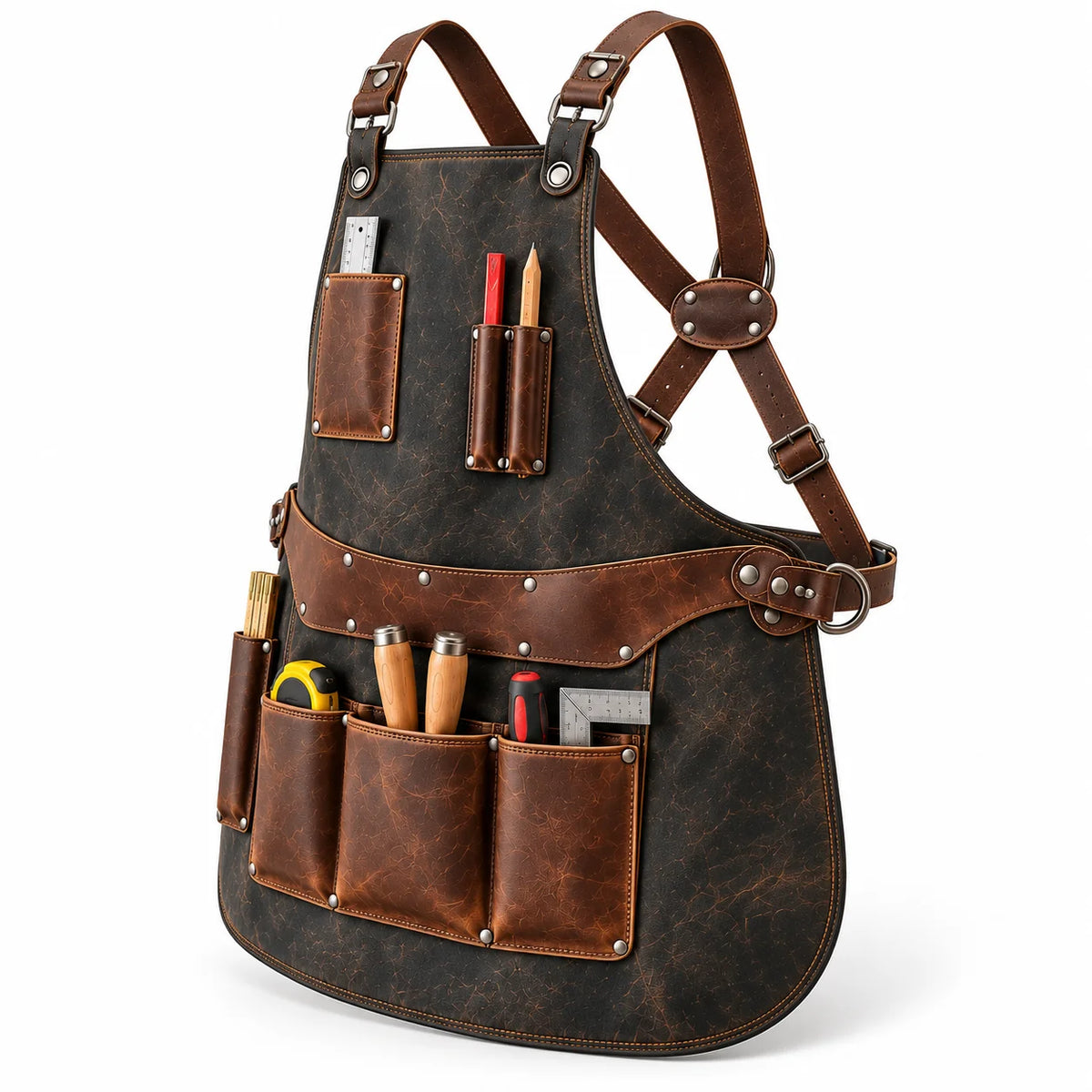 Angled view of charcoal cowhide leather apron showing brown utility pockets, side D-ring hardware and adjustable cross-back straps.