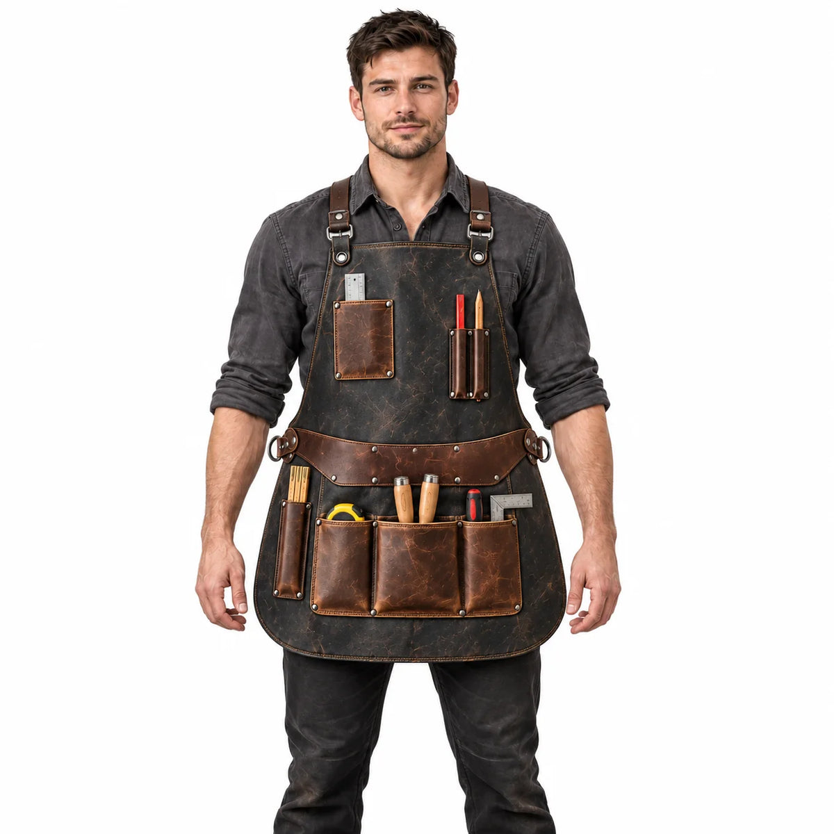 Front-facing male model wearing a graphite charcoal woodworking apron with multiple brown leather pockets against a white background.