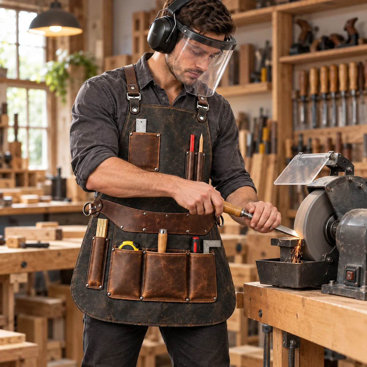 Woodworker wearing a charcoal leather workshop apron, face shield and hearing protection while working beside a bench grinder.