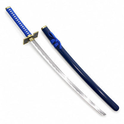 Grimmjow Pantera katana beside dark blue scabbard, showing polished steel blade, blue wrapped grip and gold guard