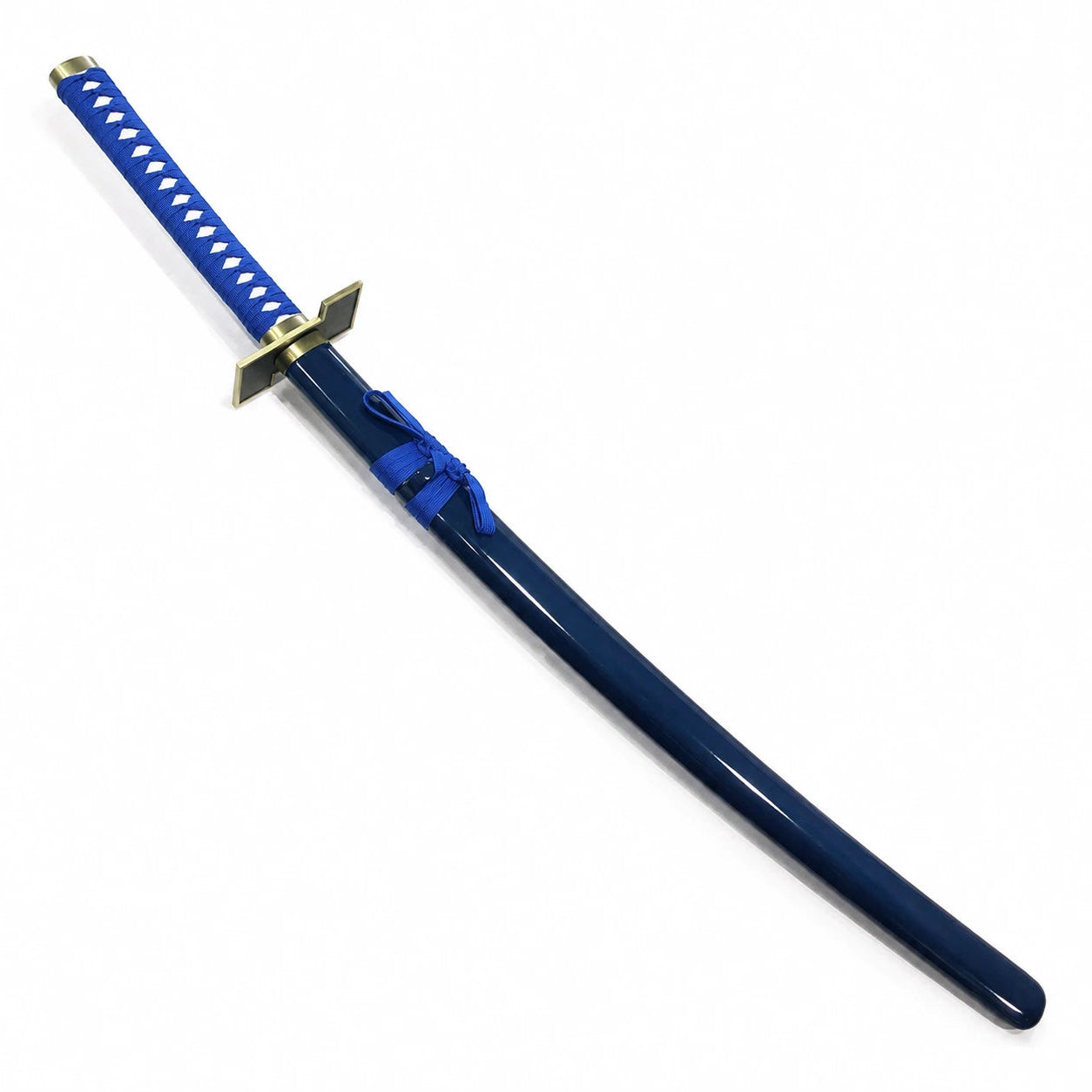 Fully sheathed Pantera katana with glossy navy scabbard, bright blue cord, blue handle wrapping and gold fittings