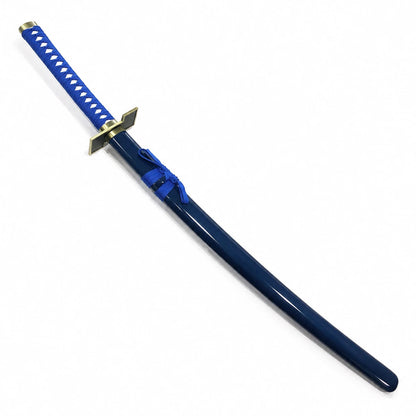 Fully sheathed Pantera katana with glossy navy scabbard, bright blue cord, blue handle wrapping and gold fittings