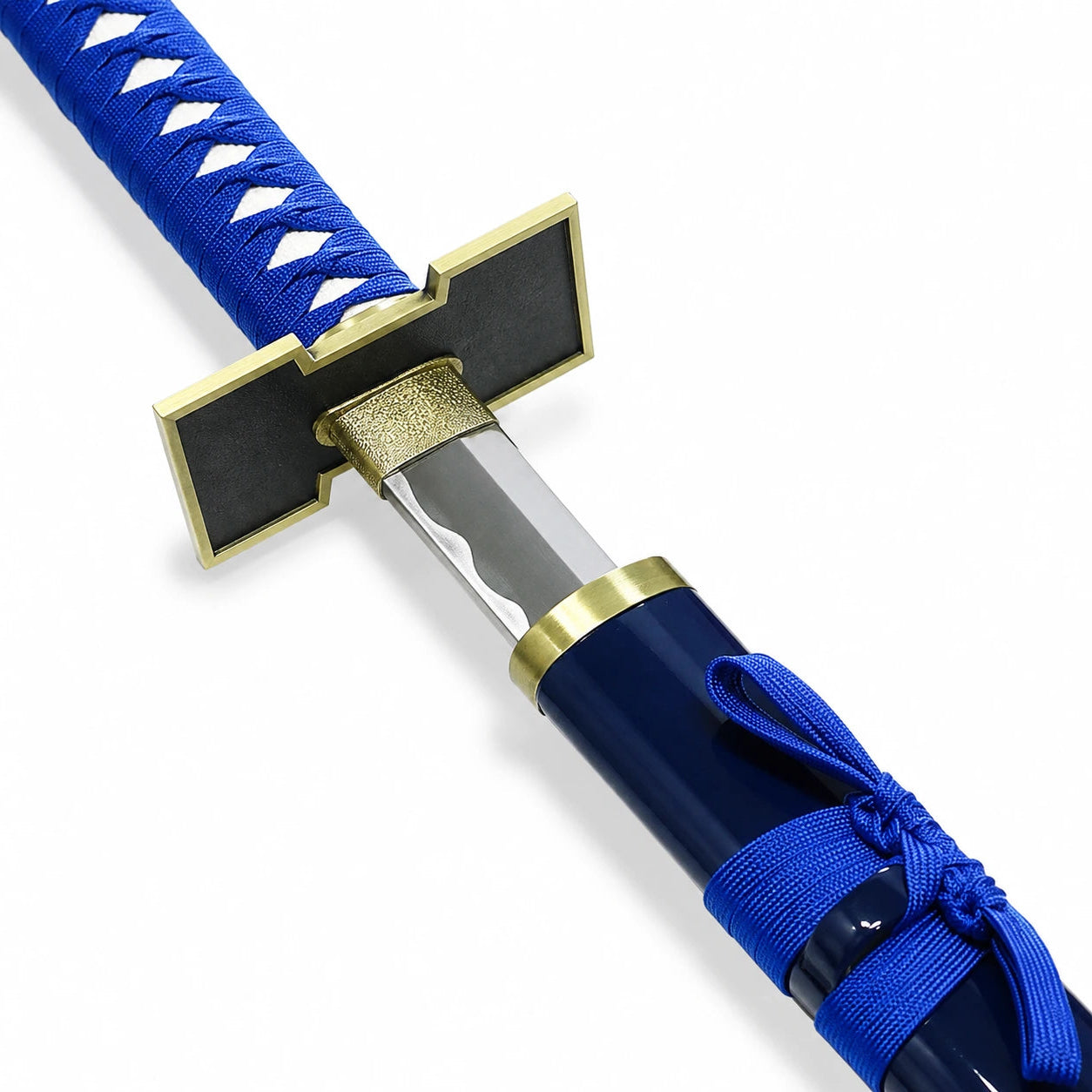 Close-up of Grimmjow Pantera sword showing blue wrapped grip, angular black and gold guard and polished blade detail