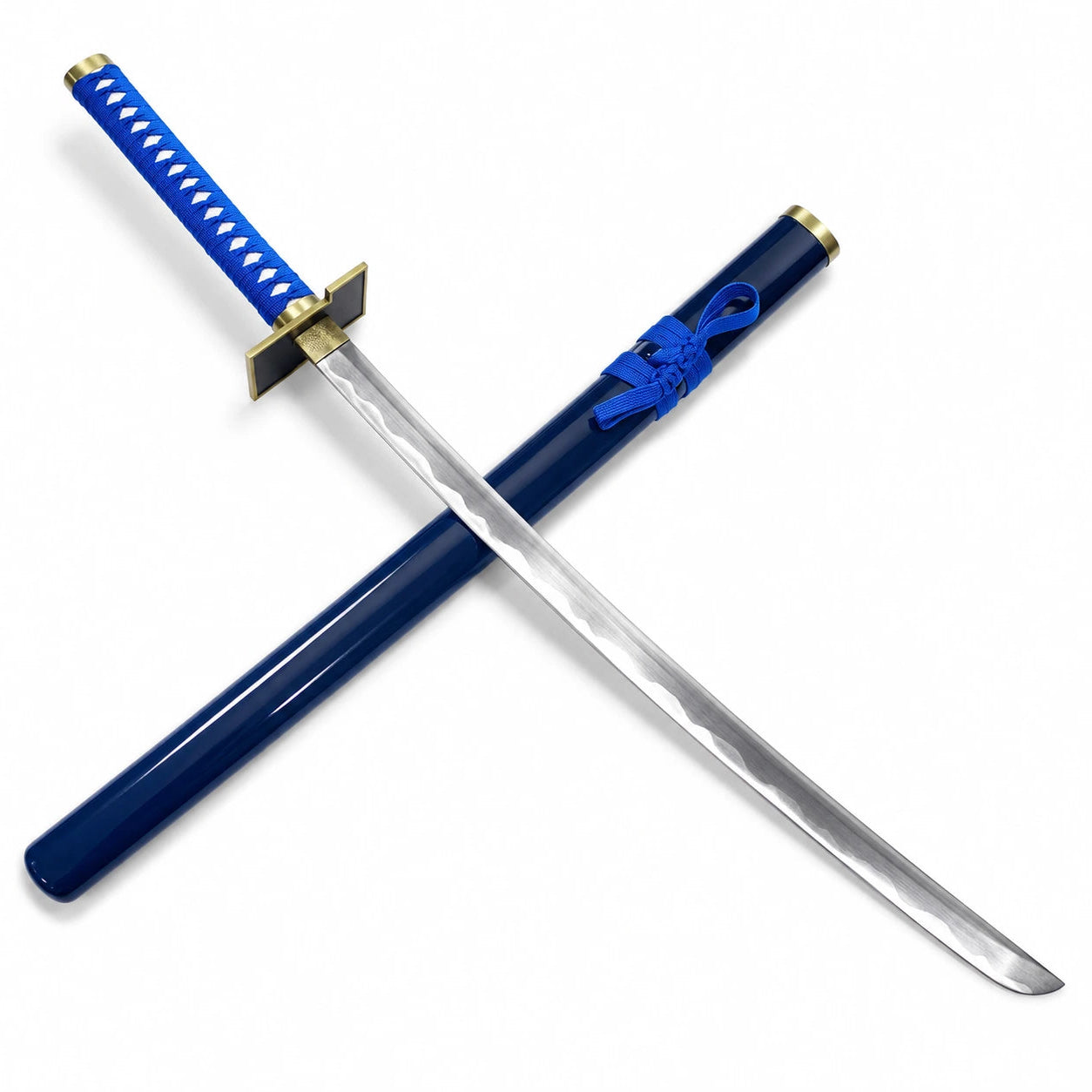 Crossed Grimmjow Pantera katana and blue scabbard highlighting curved steel blade and vivid blue collector styling