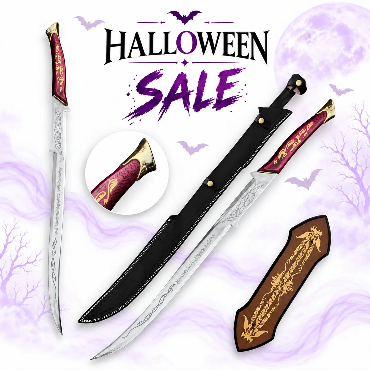 Arwen Hadhafang Elven sword replica from Lord of the Rings with curved engraved silver blade, red and gold handle, black sheath and decorative wooden plaque.