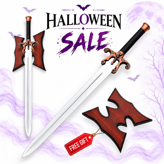 He-Man 1987 Power Sword replica with ornate brass skull guard, silver blade, black grip and red wooden display plaque in Europe Mark's Halloween sale.