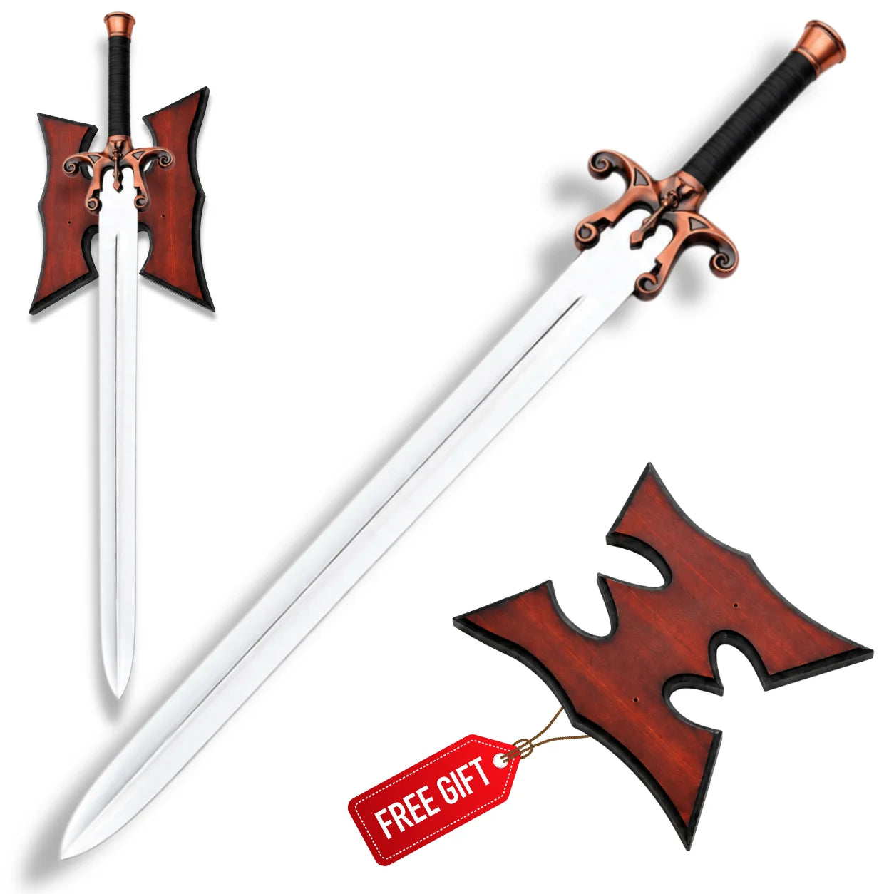 He-Man 1987 Power Sword Brass Skull Guard edition with black grip and red-brown wooden wall plaque on white background