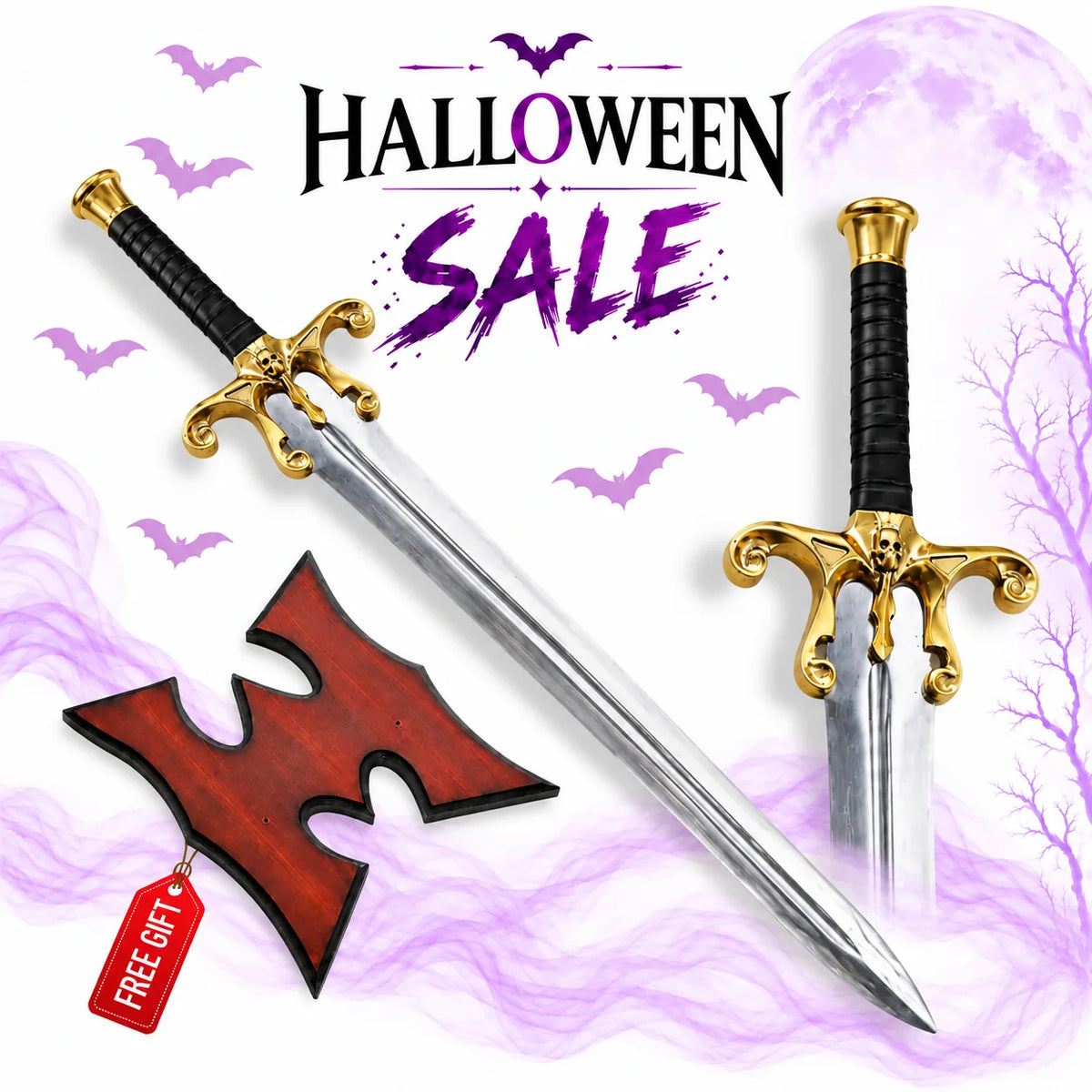 He-Man 1987 Power Sword replica with ornate gold skull crossguard, silver blade, black grip and red display plaque in Europe Mark's Halloween sale.