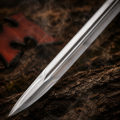 Detailed silver Power Sword blade close-up showing the central fuller groove, polished finish and tapered point