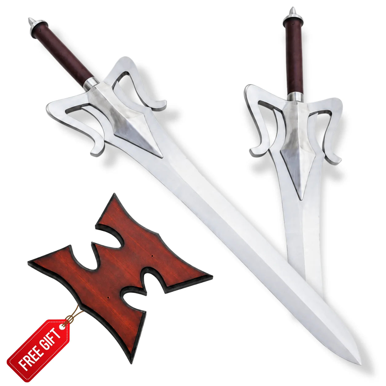 He-Man 1987 Power Sword shown from two angles on white with shaped red-brown wall plaque marked as a free gift