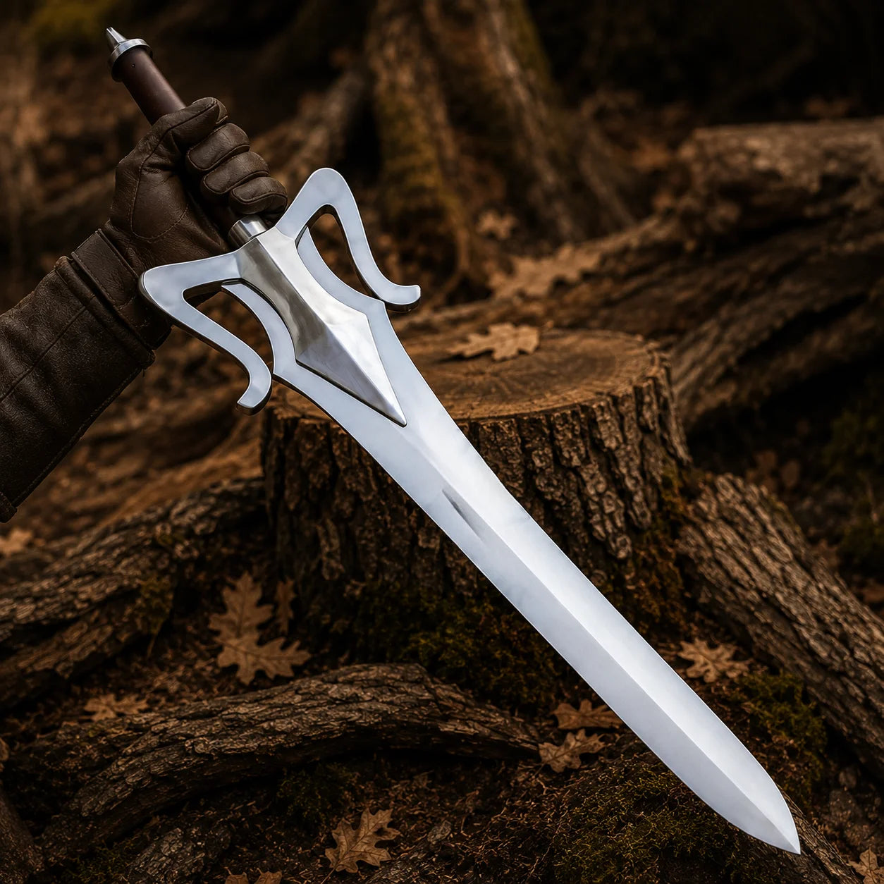 Gloved collector holding the full silver He-Man 1987 Power Sword with dark grip in an atmospheric woodland setting