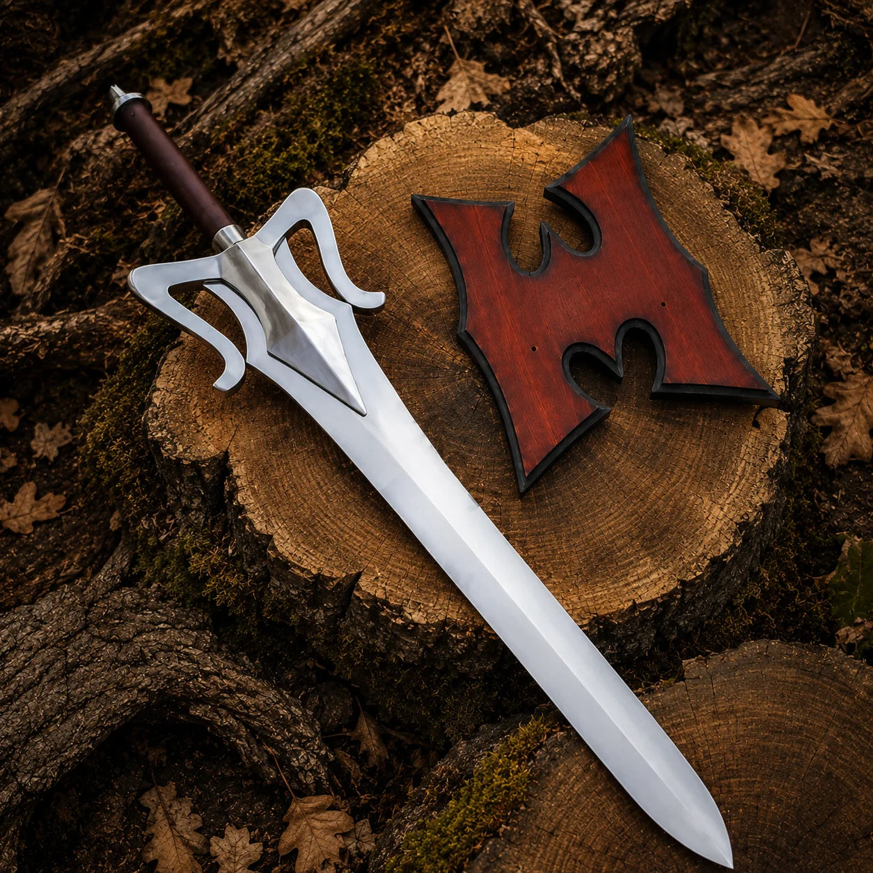 MOTU Power Sword and shaped red-brown wall plaque arranged on a cut tree stump with moss and dry leaves