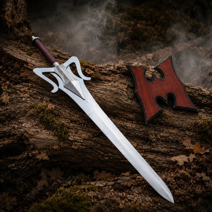 He-Man 1987 Power Sword displayed beside the shaped wall plaque on textured woodland logs with atmospheric smoke