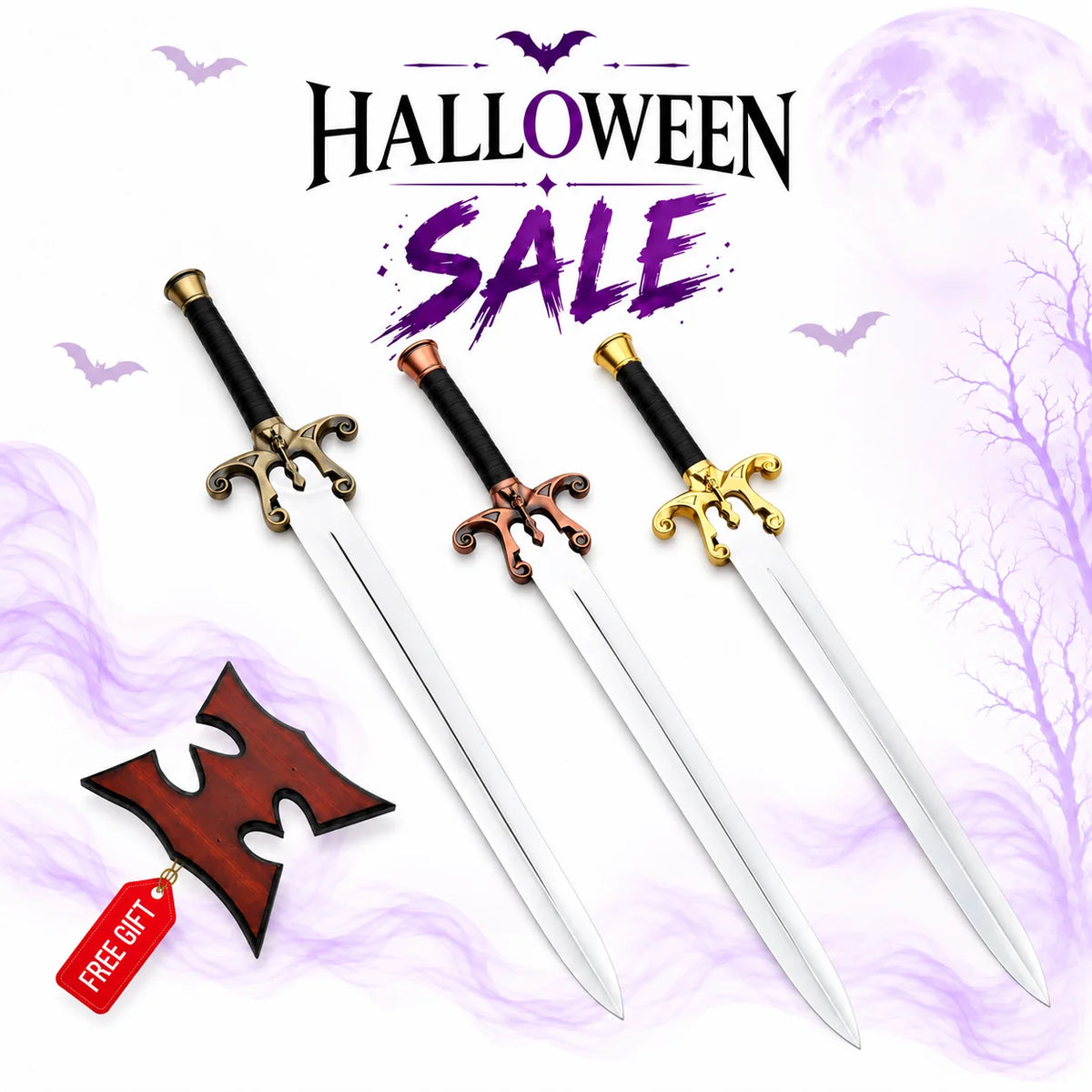 He-Man 1987 Power Sword replica set featuring three silver blades with gold, copper and brass guards, plus free wooden display plaque in Halloween sale.