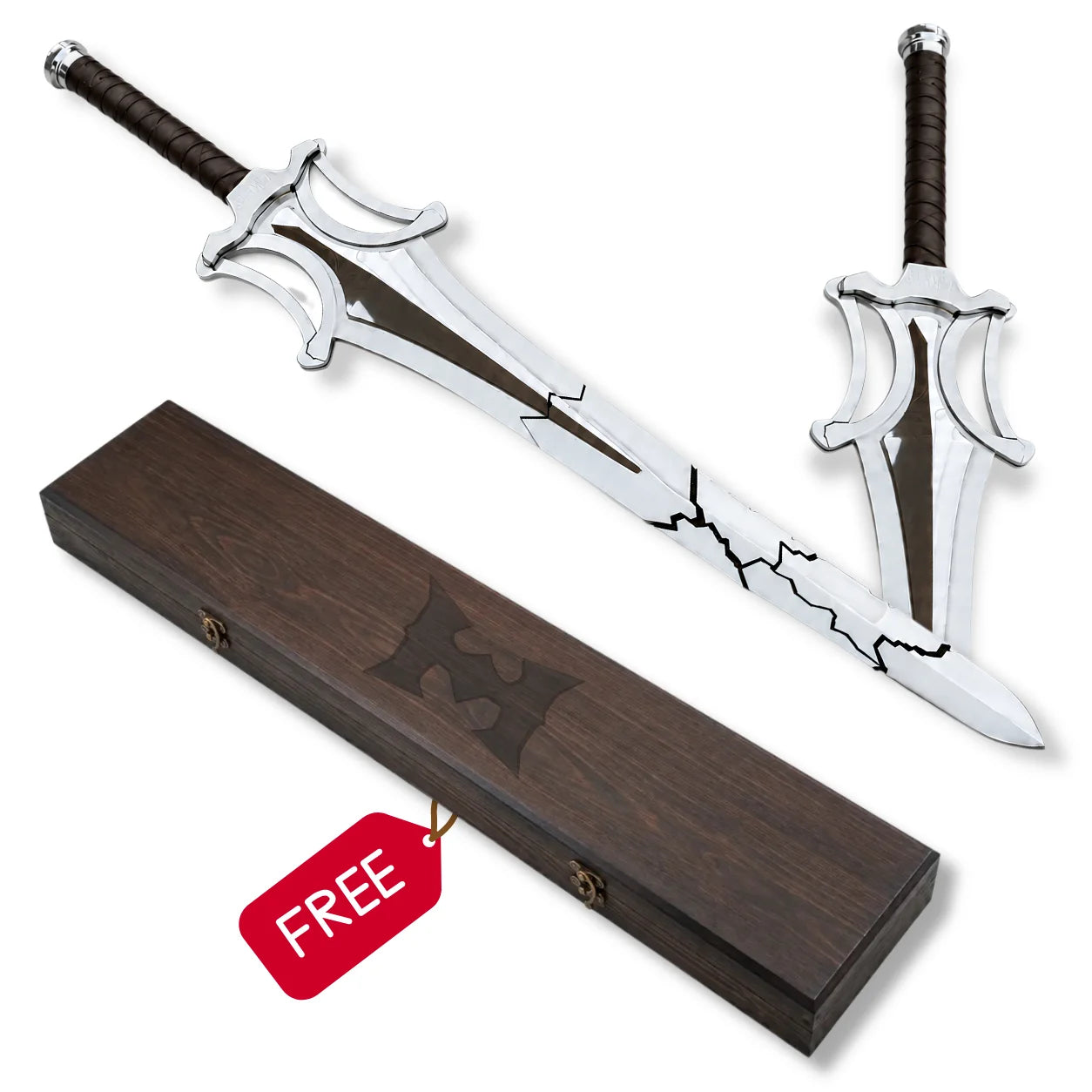 He-Man broken power sword set with dark wooden presentation box on white background