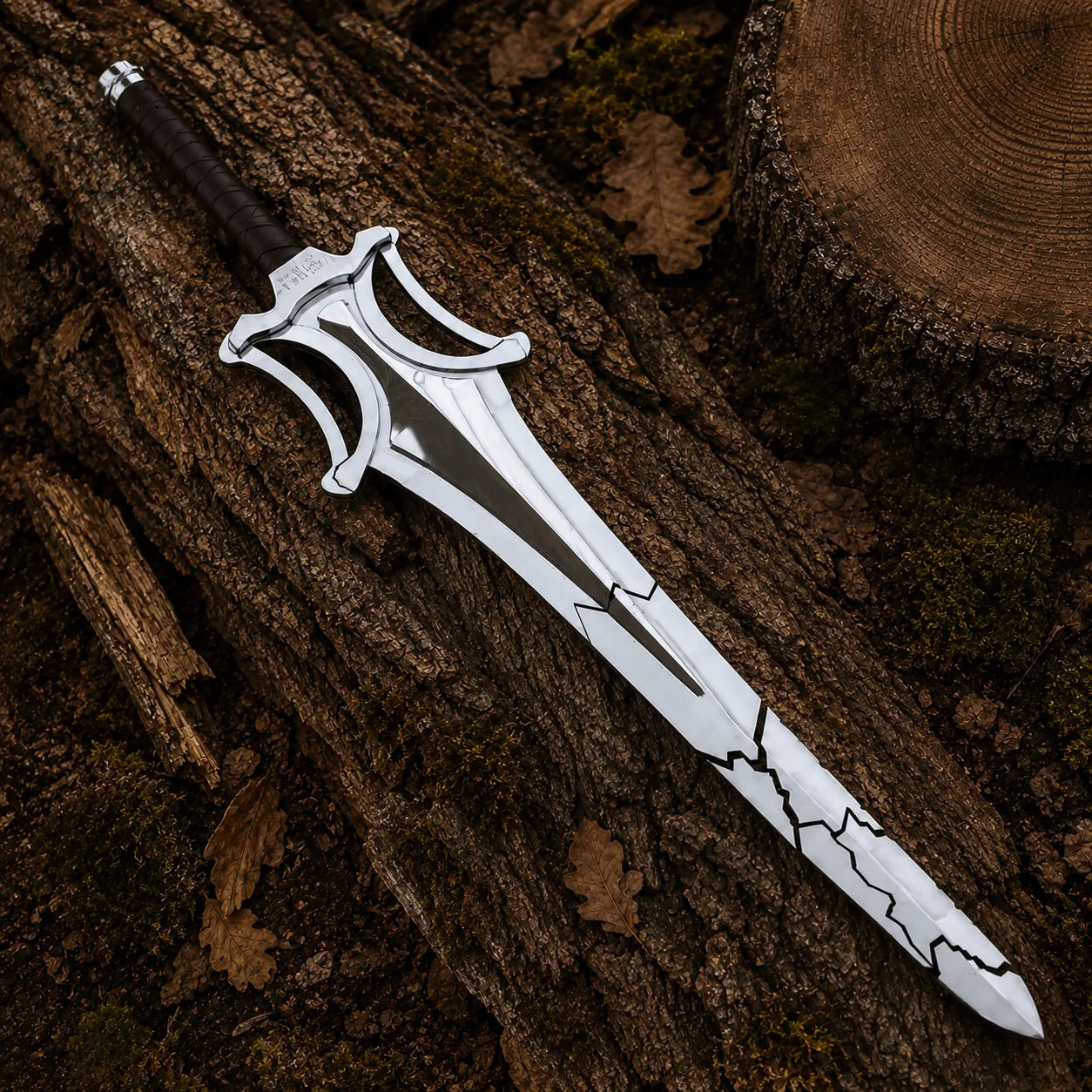 Full-length fractured fantasy sword resting diagonally across textured woodland bark and moss