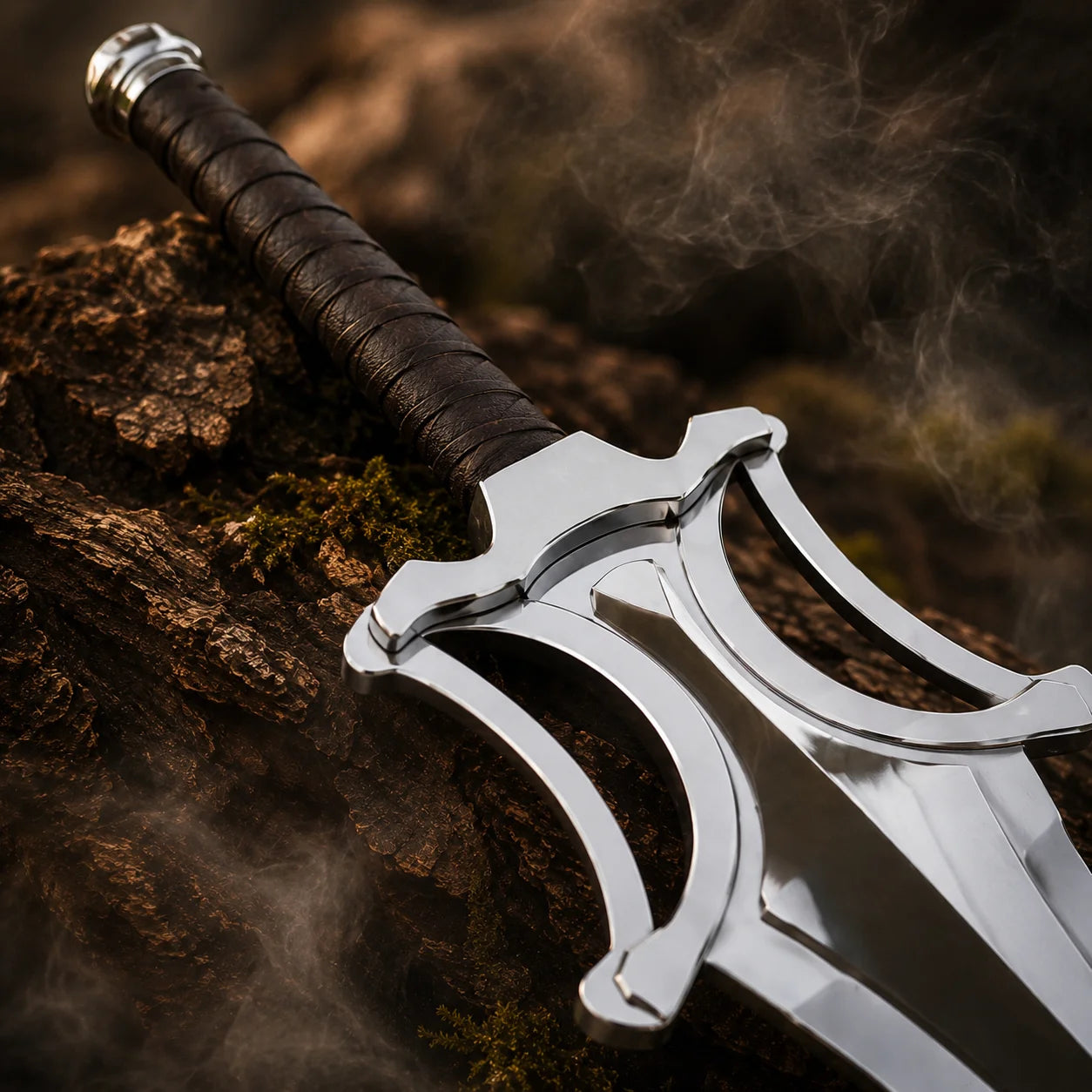 Close-up of silver-toned sword guard and dark wrapped handle in woodland setting
