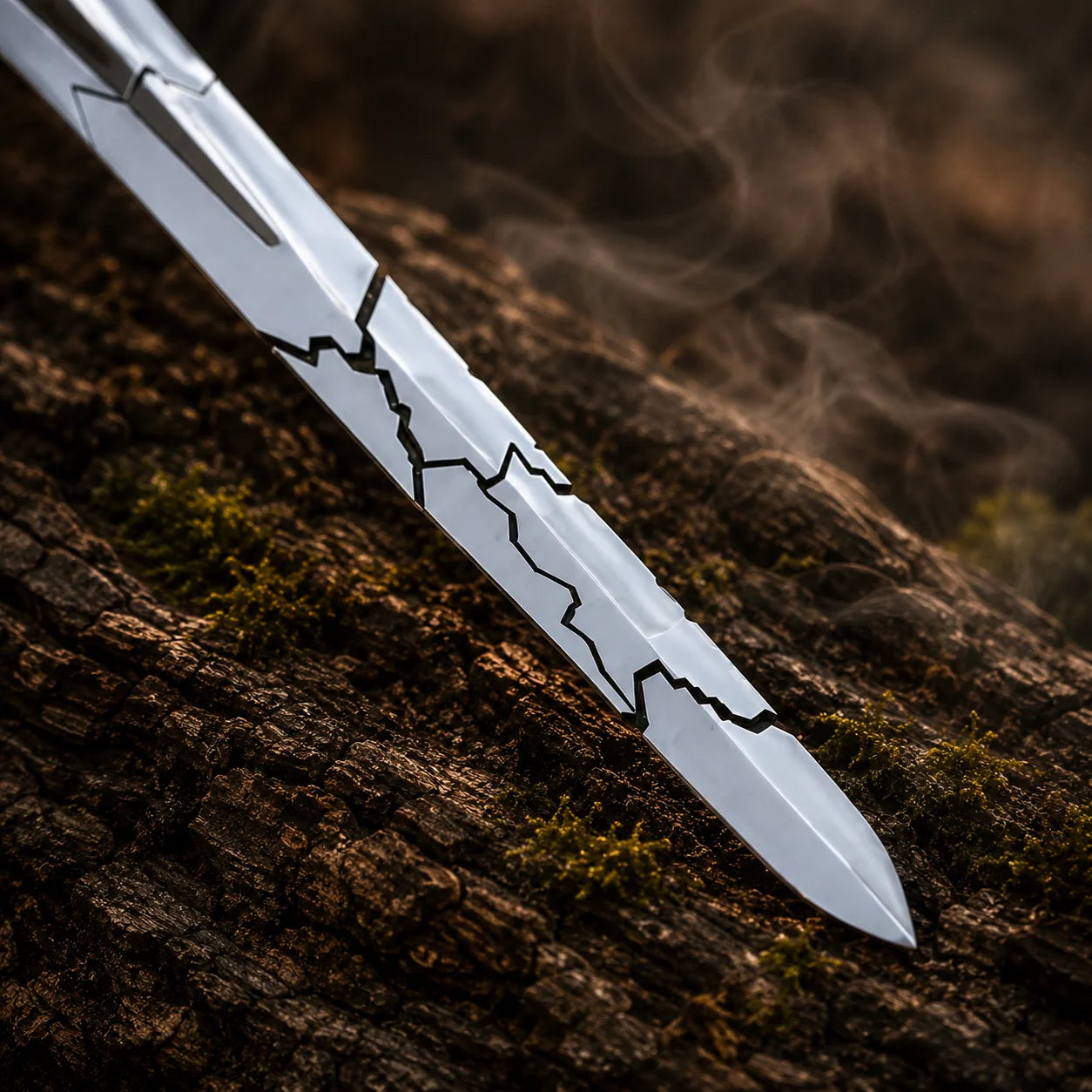 Detailed black fracture pattern and pointed silver-toned sword tip on tree bark