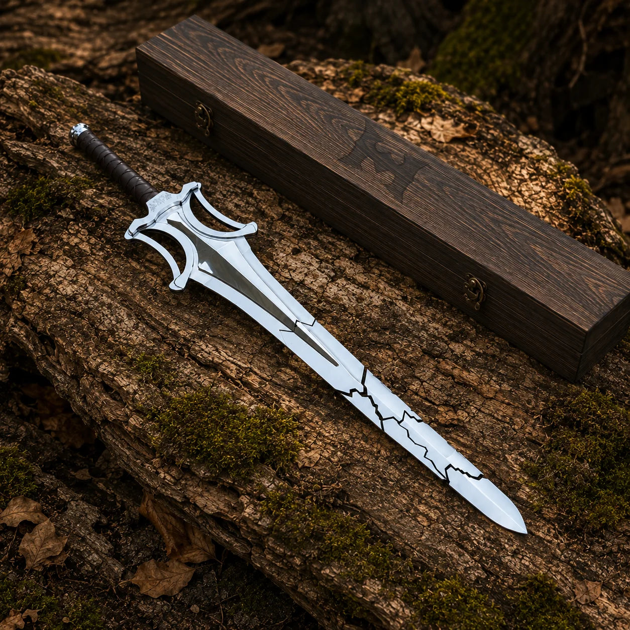 He-Man broken power sword displayed beside closed dark wooden box on rustic woodland surface