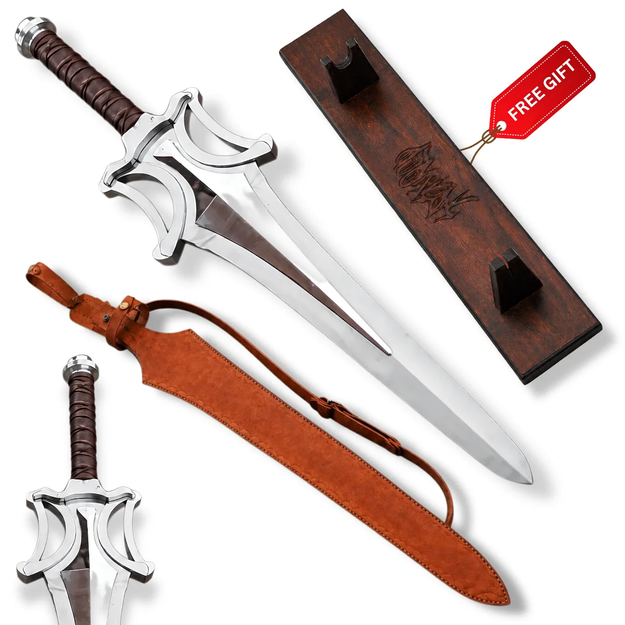 He-Man Power Sword product set on white with brown sheath, wood-effect wall plaque and detailed hilt inset