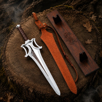 Full Castle Grayskull sword, brown sheath and wooden display plaque arranged on a large tree stump
