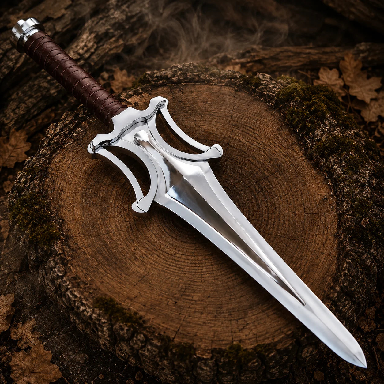 Polished He-Man Power Sword displayed diagonally on a cut tree trunk with sculpted guard fully visible