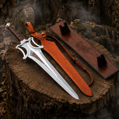 Fantasy Power Sword set with brown sheath and wood-effect wall plaque in a smoky woodland display