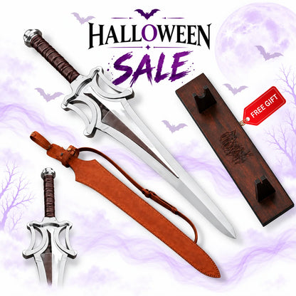 He-Man Castle Grayskull Power Sword replica with polished silver blade, sculpted guard, brown wrapped handle, leather sheath and free wooden display stand in Halloween sale.