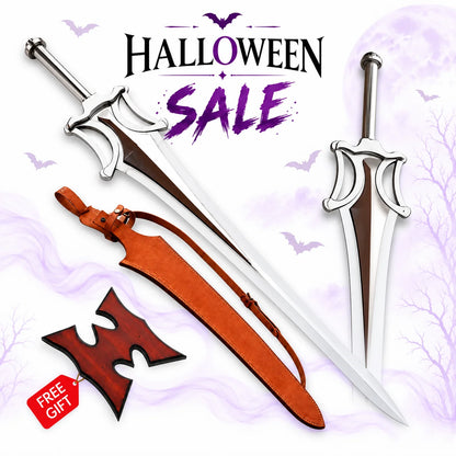 He-Man Power Sword collectible with polished silver blade, ornate fantasy guard, brown leather sheath and free wooden wall plaque in Europe Mark's Halloween sale.