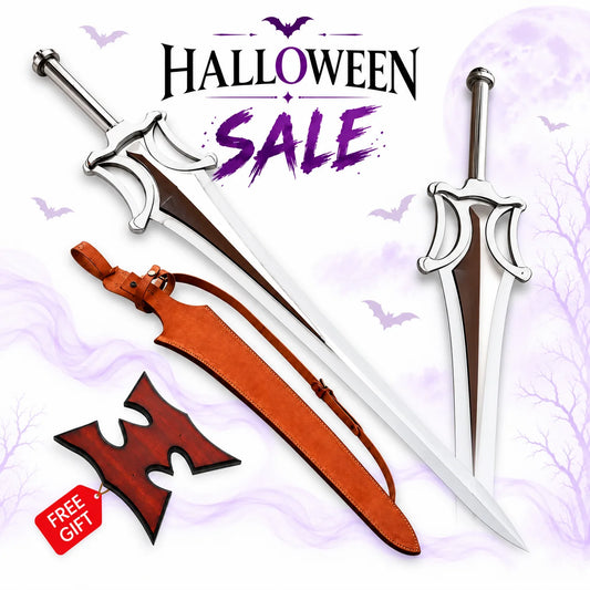 He-Man Power Sword collectible with polished silver blade, ornate fantasy guard, brown leather sheath and free wooden wall plaque in Europe Mark's Halloween sale.