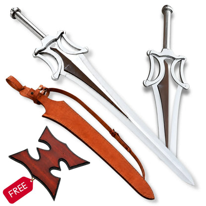 He-Man Power Sword complete set on white background with brown sheath, shoulder strap and wooden wall plaque