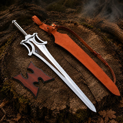 Power Sword collectible displayed on a tree stump beside its brown sheath, strap and wooden wall plaque