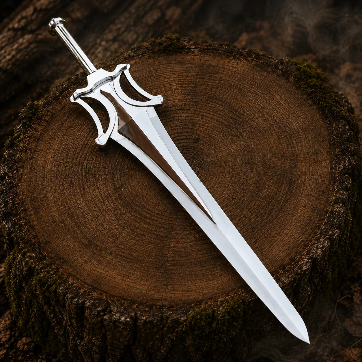 Full-length He-Man fantasy display sword resting diagonally on a cut tree stump with silver and brown detailing