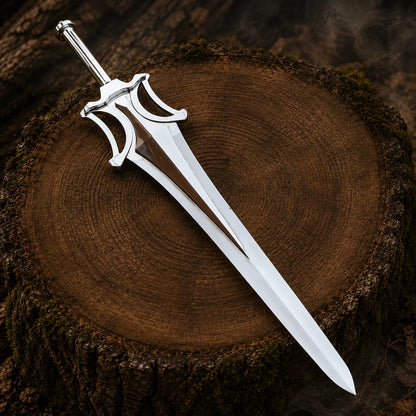 Full-length He-Man fantasy display sword resting diagonally on a cut tree stump with silver and brown detailing