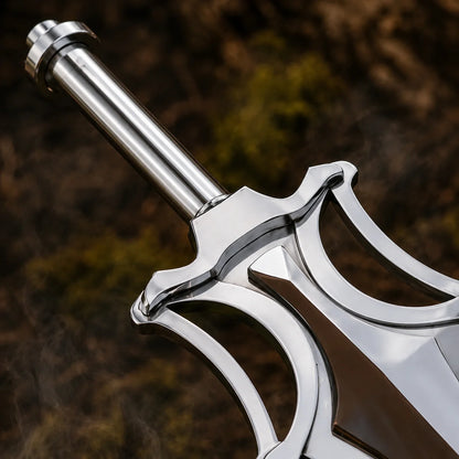 Close-up of the Power Sword handle, rounded pommel and sculpted silver guard against a smoky woodland background