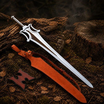 He-Man Power Sword set arranged in woodland with brown shoulder sheath and decorative red wooden wall plaque