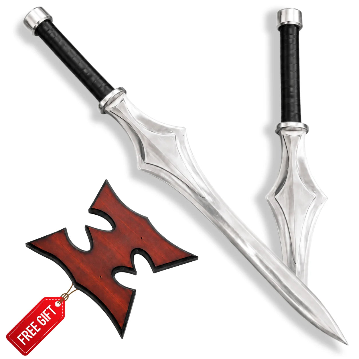 He-Man Power Sword shown from two angles on white with silver blade, black grip and red-brown wall plaque