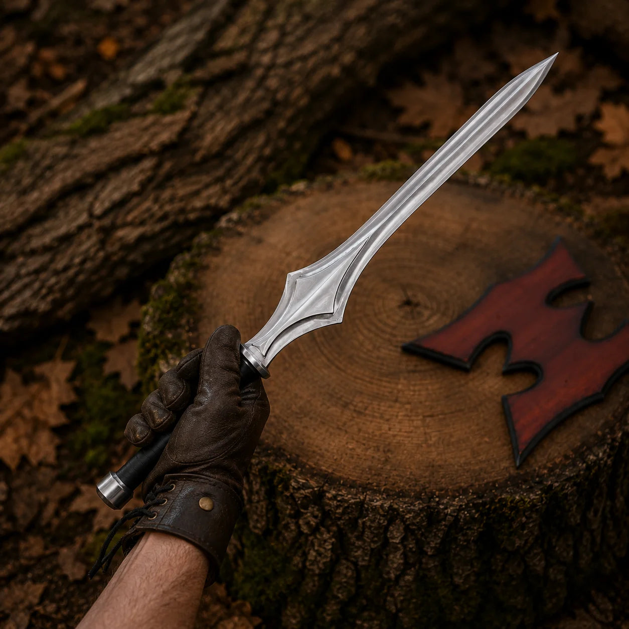 Gloved collector holding the silver He-Man Power Sword above a woodland stump with display plaque behind