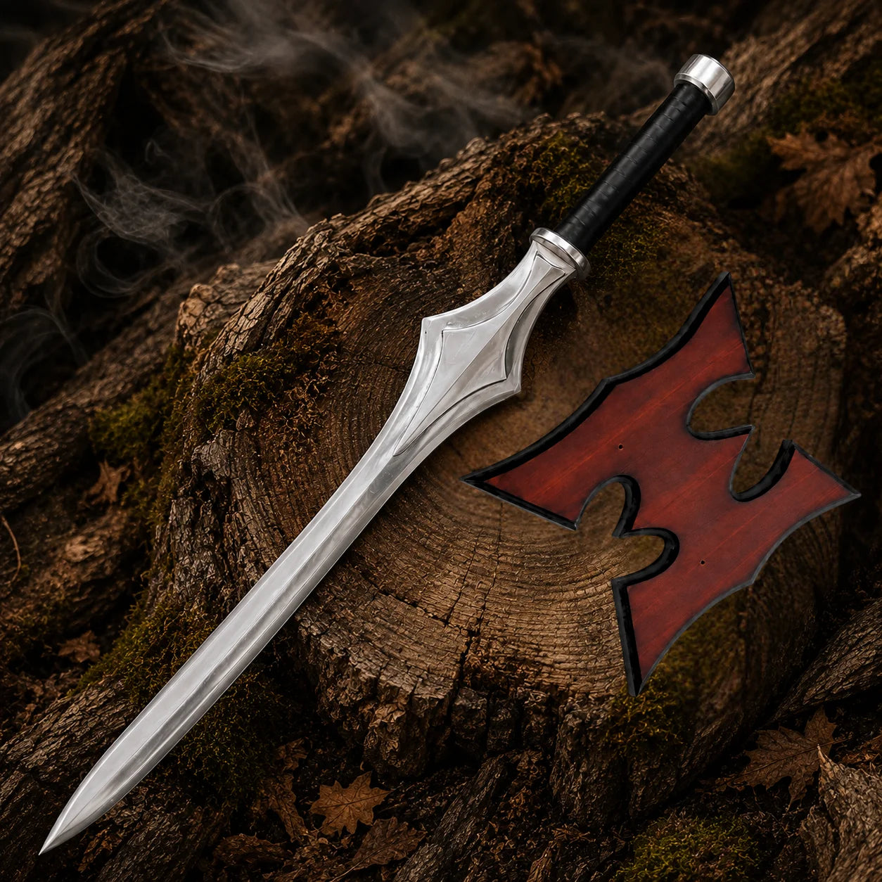 Full Grayskull Power Sword displayed diagonally beside the shaped red-brown wall plaque on a woodland stump