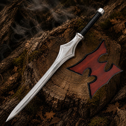 Full Grayskull Power Sword displayed diagonally beside the shaped red-brown wall plaque on a woodland stump