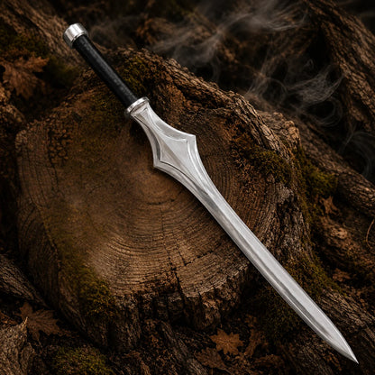 Full stainless steel Power Sword laid across a mossy cut tree trunk showing its long polished silver profile