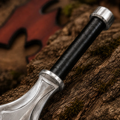 Close-up of the He-Man Power Sword black wrapped grip, silver pommel and sculpted geometric hilt detail