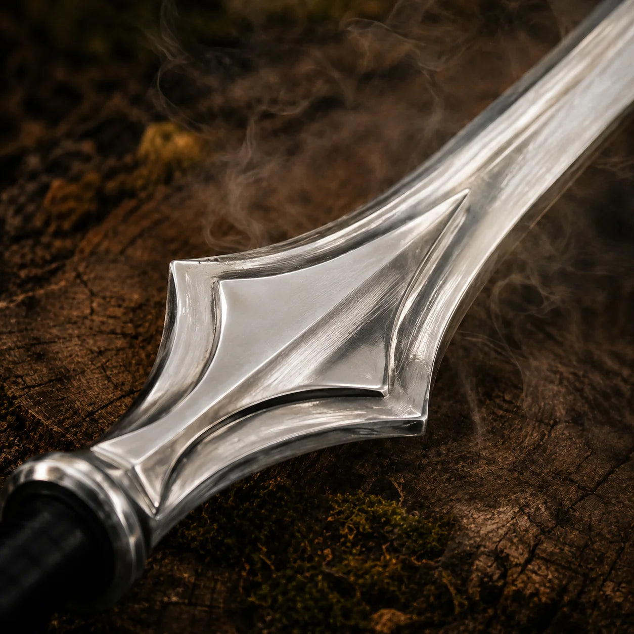 Detailed close-up of the polished stainless steel Power Sword hilt section with raised geometric centre panel