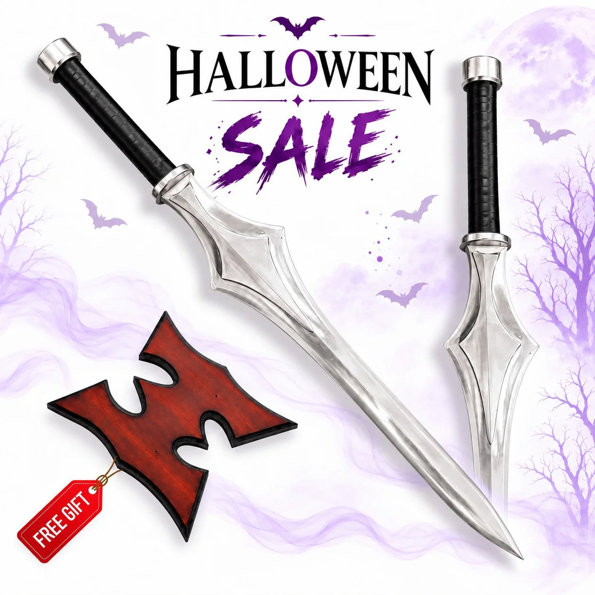 He-Man stainless steel Power Sword collectible with sculpted silver fantasy blade, black wrapped grip and red wooden display plaque in Europe Mark's Halloween sale.