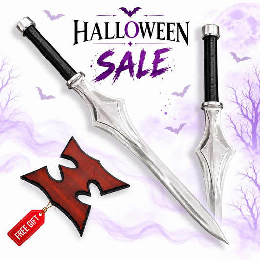 He-Man stainless steel Power Sword collectible with sculpted silver fantasy blade, black wrapped grip and red wooden display plaque in Europe Mark's Halloween sale.