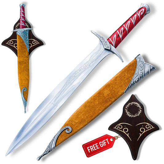 High Elven Warrior Sword LOTR replica with engraved silver blade, brown scabbard and decorative Elven wall plaque