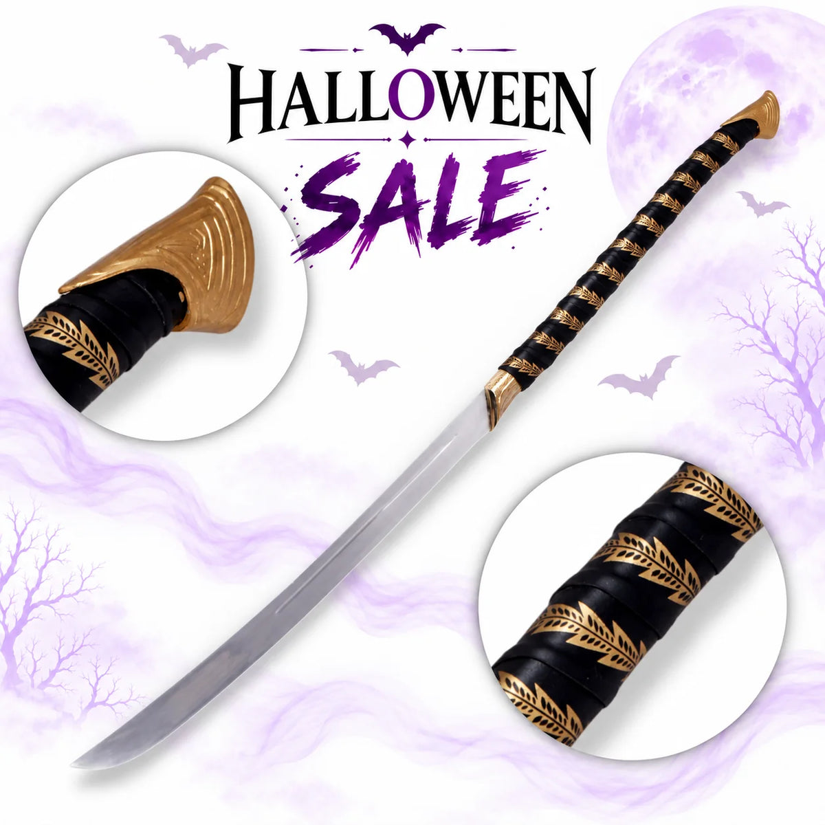 High Elven Warrior sword replica inspired by Lord of the Rings with long curved silver blade, black and gold patterned grip and ornate golden pommel in Halloween sale.
