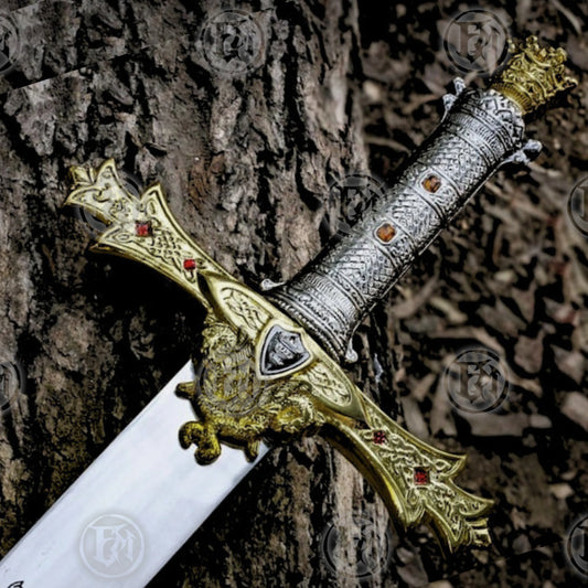 Premium King Arthur Excalibur Crown Head Merlin Sword Replica with stainless steel blade.