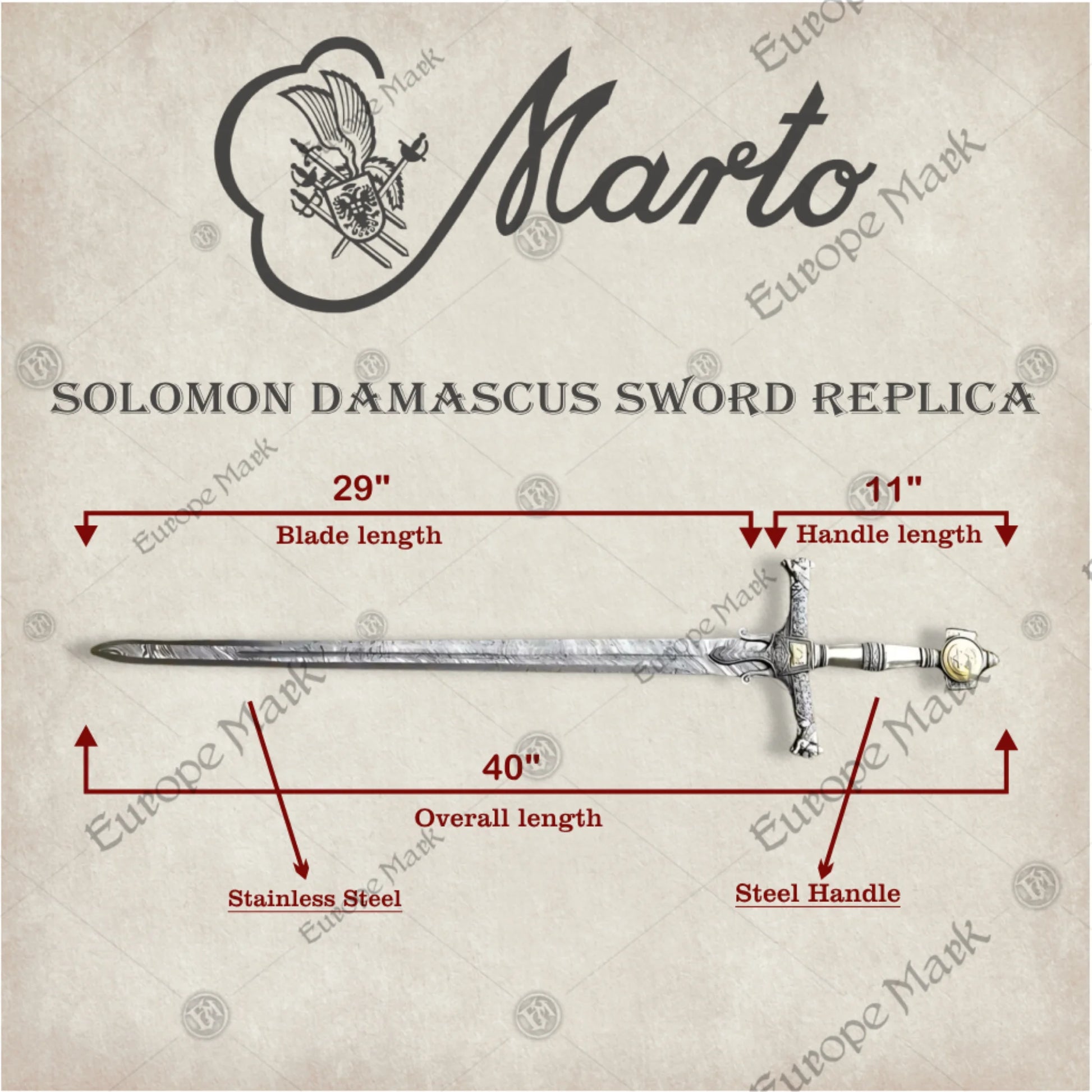 Premium King Solomon Damascus Sword Replica with Rosewood Plaque